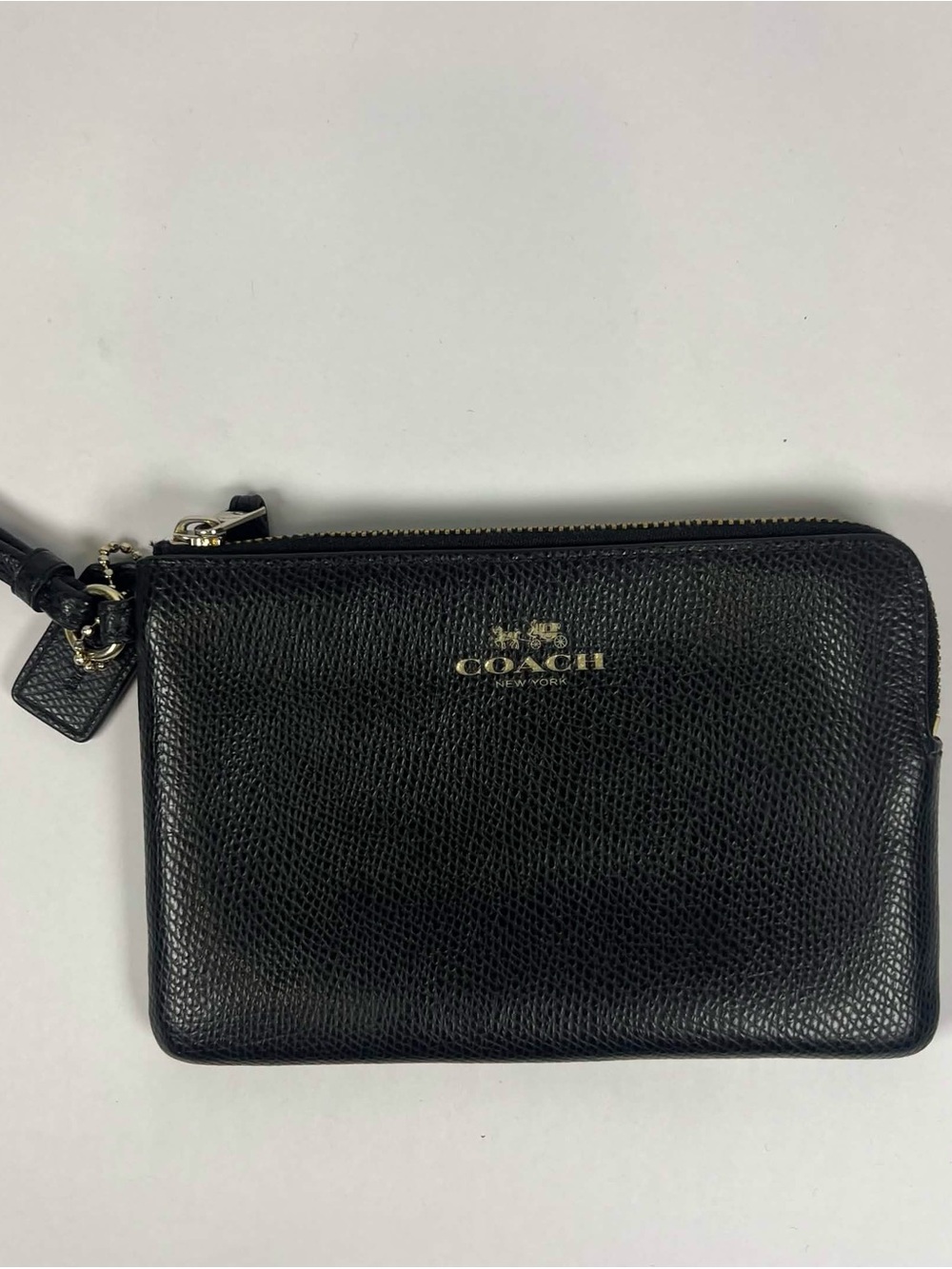Coach Black Pebbled Leather Zip Wristlet with Gold Logo